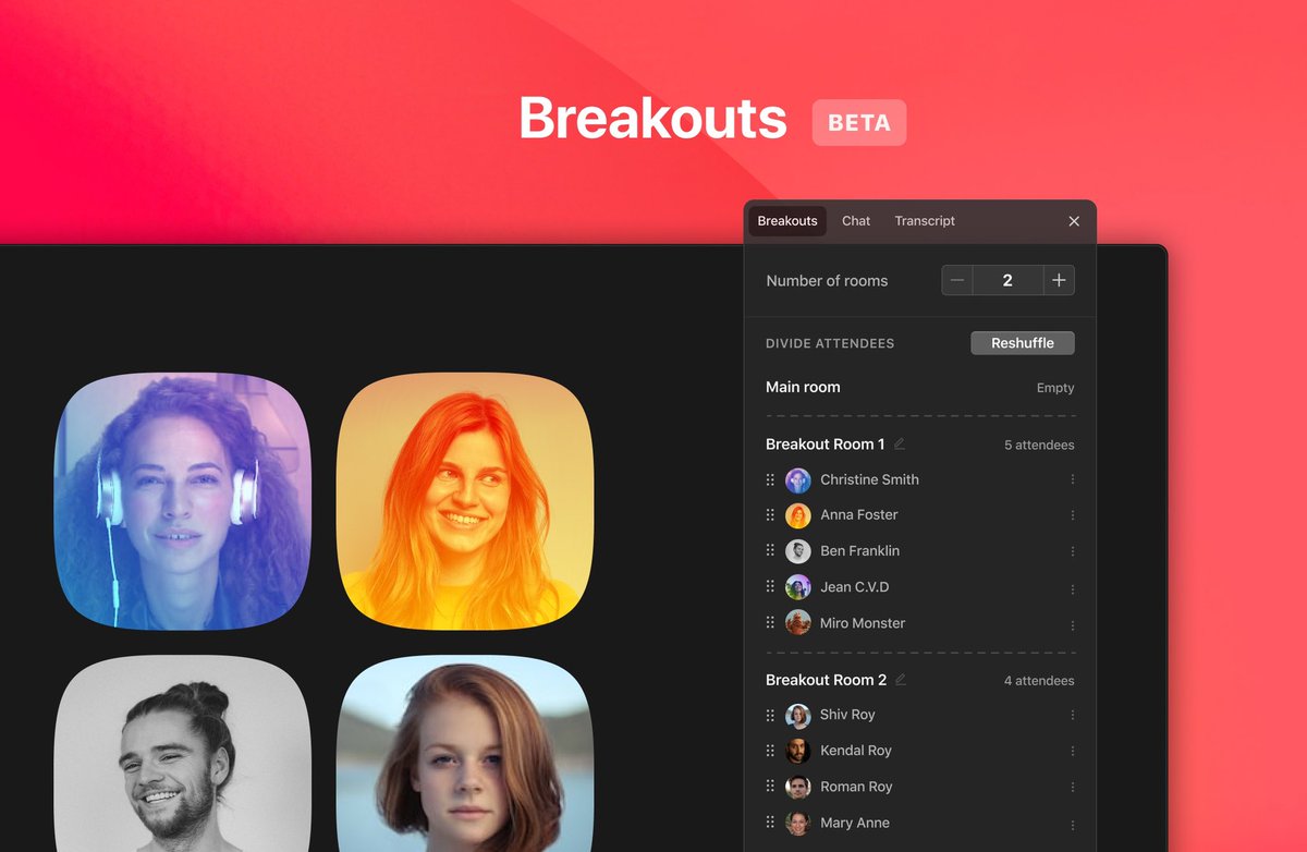 🆕 Our latest update is here!
🔮 Breakout rooms
🎤 Increased event size (100 → 500 attendees)
🎥 Shared Miro board recording
✨ Mobile UI Updates
Learn more: new.around.co