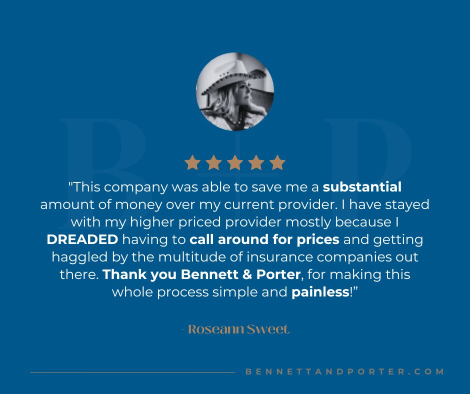 bapinsurance's tweet image. Thank you for this amazing review Roseann! At Bennett &amp;amp; Porter we are an insurance brokerage. That means our experts shop insurance carriers for the right coverage so you don't have to!🤝

Let us take care of you today! 🌐 BennettAndPorter.com

#ArizonaInsurance
