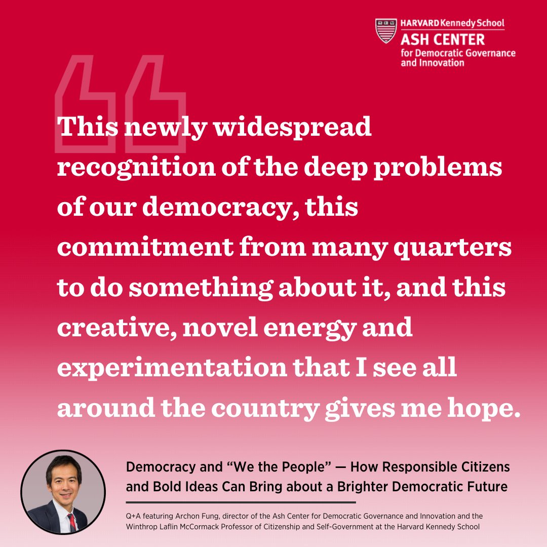 As we enter the 2024 election season, Ash Center's @Arfung sheds some light on what encourages him about the future of democracy in a recent Q+A Read more of his remarks here ⤵️ sir.advancedleadership.harvard.edu/articles/democ…