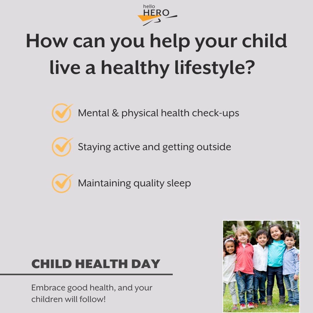 To start Children's Health Day off right, here are some helpful ways to build a healthy lifestyle for your child: 

🧠💪 Mental and physical check-ups

🌿 Stay active and get outside

💤 Quality Sleep

#childhealth #HealthyKids #MentalHealthMatters
