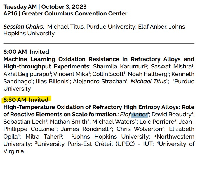 This week I am participating in the #MST23 in Columbus, presenting our work  in # high Entropy Alloys. The talk is tomorrow at 8:30 am(see info below), stop by if you’re interested!