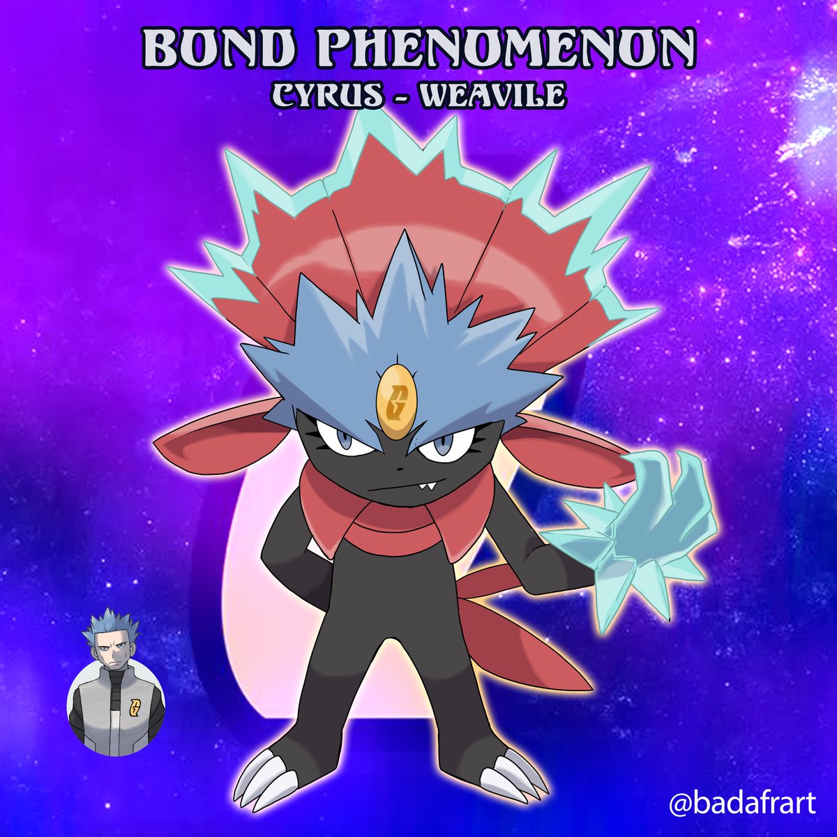 I'M BACK!!!
Meet Cyrus Weavile!
As soon as it enters the field, it strengthens the Pokémon's bond with its Trainer, and it becomes Cyrus-Weavile! Ice Punch becomes more powerful and has a 40% chance to freeze the opponent. #sinnoh #kensugimoriart #bondphenomenon #fakemonart
