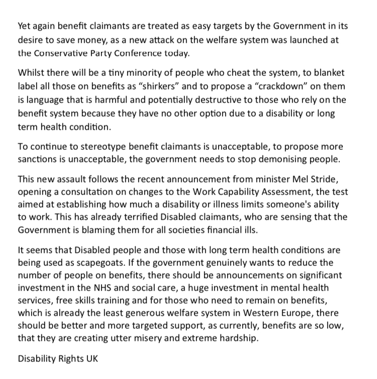 Disability Rights UK have issued a statement in response to chancellor @Jeremy_Hunt remarks today on benefit claimants and the benefit system. #ToryPartyConference #costofliving #benefits