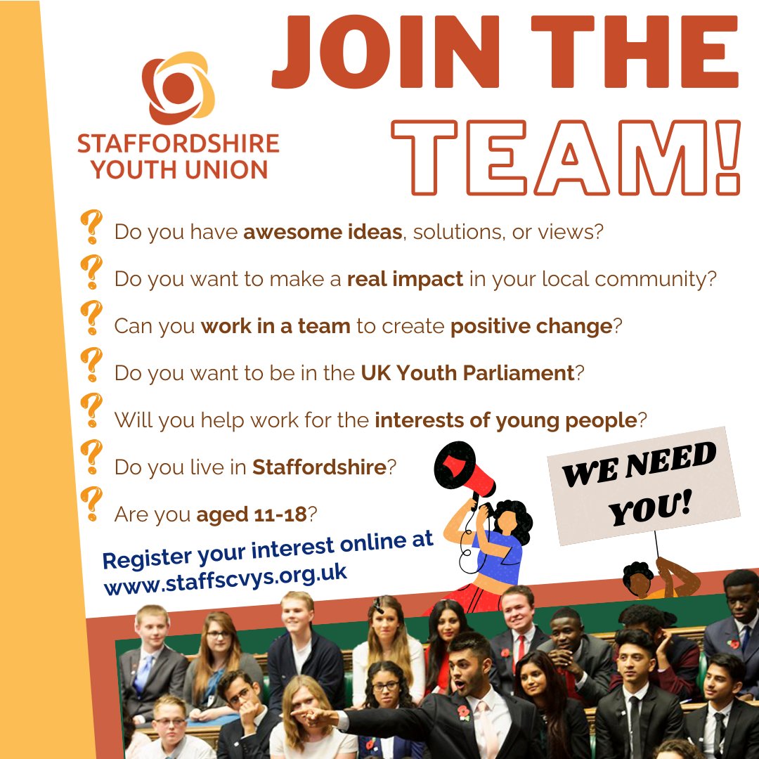 StaffsYU's tweet photo. Staffordshire Youth Union, registration open!

Apply now, be a voice for your generation✊️

If you're passionate about positive change and creating real impact, register at https://t.co/bFciP6HP5a

SYU: only way to be involved with UK Youth Parliament representing Staffordshire https://t.co/xYwGRMfFOF