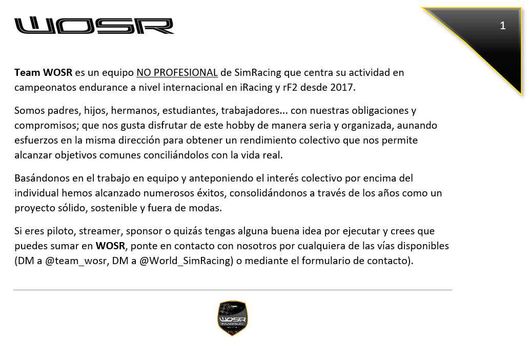 🚨Con el inicio de la temporada 23/24 buscamos personas para:
🏎️Realizar incorporaciones a la plantilla de <a href="/team_wosr/">World Of SimRacing Team</a>.
🆕Iniciar un nuevo proyecto de base en iR y rF2.
📓Escuchamos ideas y propuestas... ¡Cuéntanoslo!

Contactanos vía DM o mediante -> forms.gle/QqTHxnJiRMrq22…