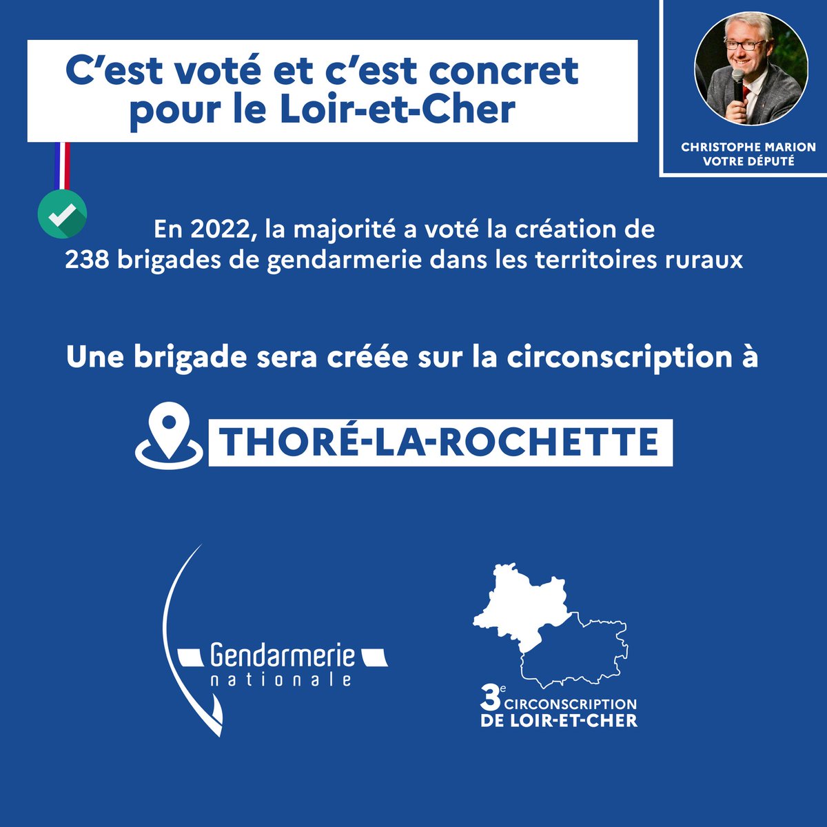 Le président de la République @EmmanuelMacron vient d’annoncer la création d’une brigade mobile de #gendarmerie mobile à Thoré-la-Rochette. C’était un de mes engagements de campagne. Plus de gendarmes en ruralité, c’est aussi plus de #sécurité pour les habitants.
#loiretcher