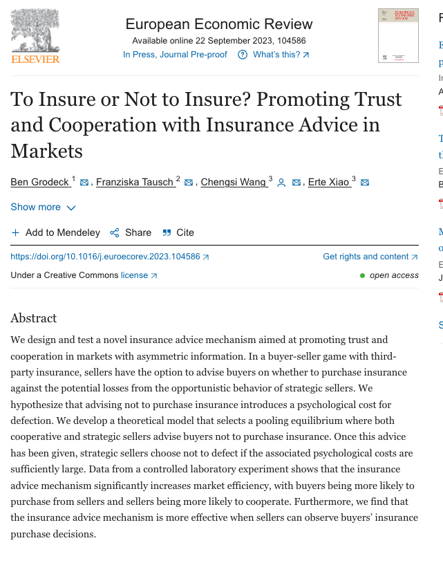 The first paper from my PhD is forthcoming in EER 🥳.

TLDR: 
 👉Information Asymmetry is a problem in buyer/seller markets. 
👉Our simple  mechanism introduces psychological costs for defection. 
👉 Buyers' trust ⬆️
👉 Sellers' cooperation ⬆️
👉 Market efficiency ⬆️

🧵👇