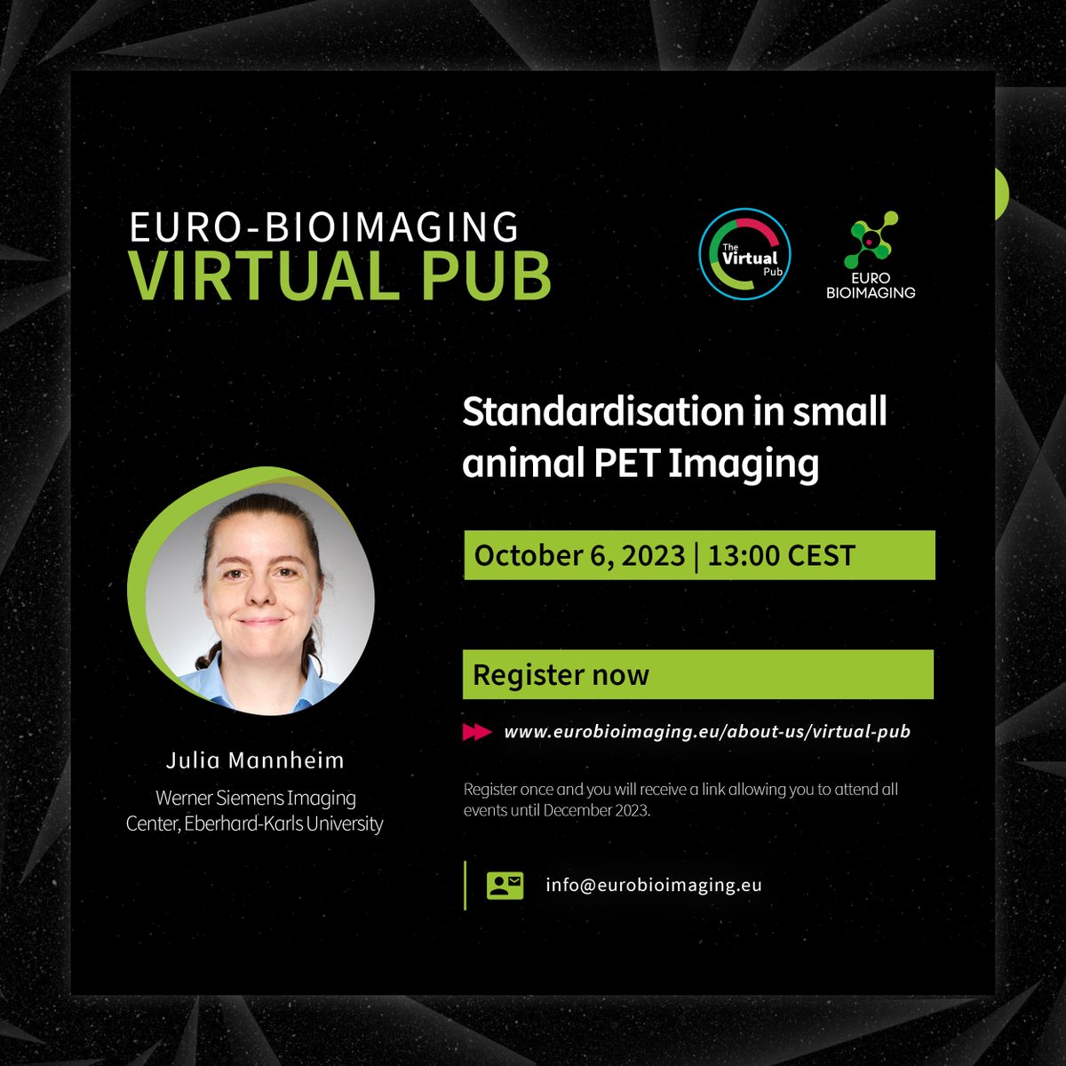 At this week's #VirtualPub, we welcome Julia Mannheim of the Werner Siemens Imaging Center, Eberhard-Karls University for a talk on "Standardisation in small animal PET Imaging."
All are welcome to join! 
Register here⤵️
eurobioimaging.eu/about-us/virtu…