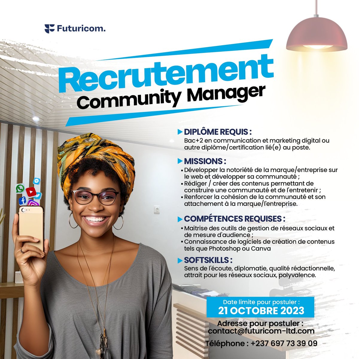 futuriagency's tweet photo. #JOBALERT

Futuri Agency recherche dans le cadre de ses activités un Community Manager. 👨🏾‍💻

Envoyez votre curriculum vitæ en guide de candidature à l'adresse indiquée sur l'affiche, avec en objet CANDIDATURE - COMMUNITY MANAGEMENT.

Poste valable à Yaoundé. ☝🏾 https://t.co/lv1B4b6WVY
