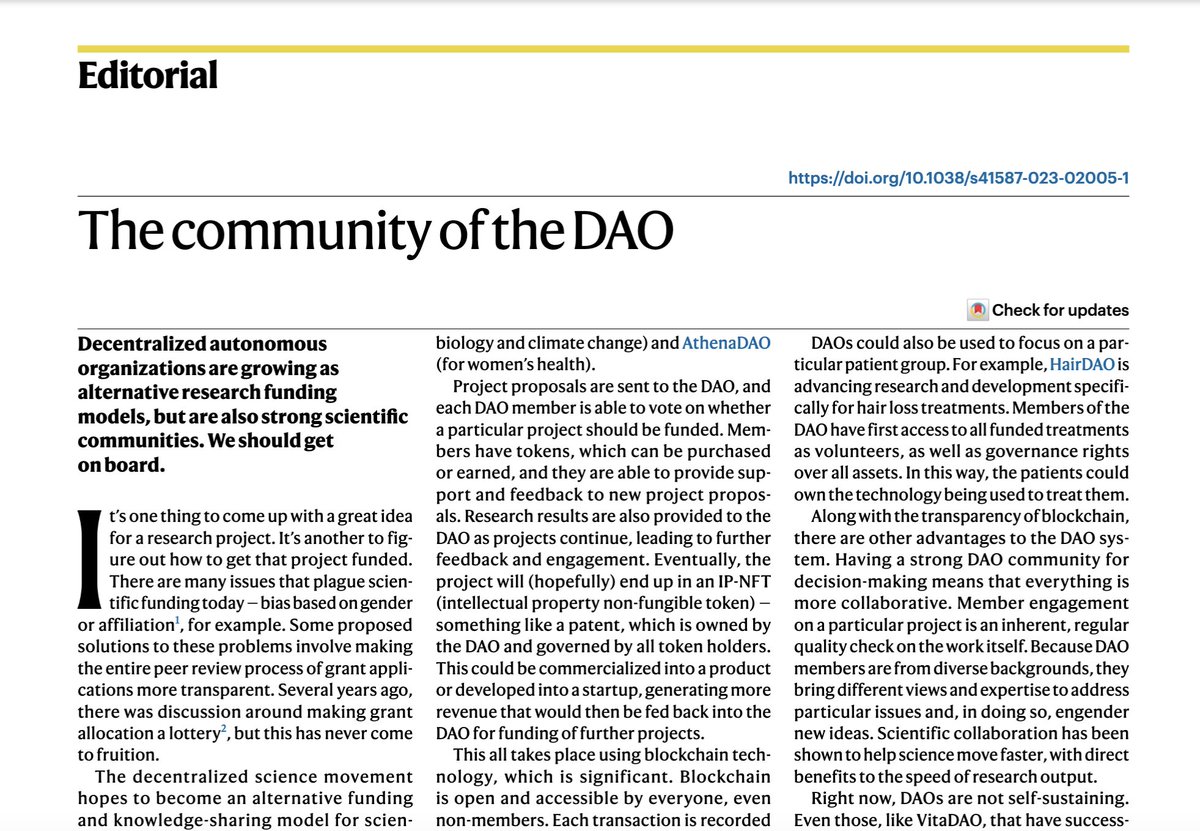 The community of the DAO Decentralized autonomous organizations are growing as alternative research funding models, but are also strong scientific communities. We should get on board go.nature.com/3LIO5nY