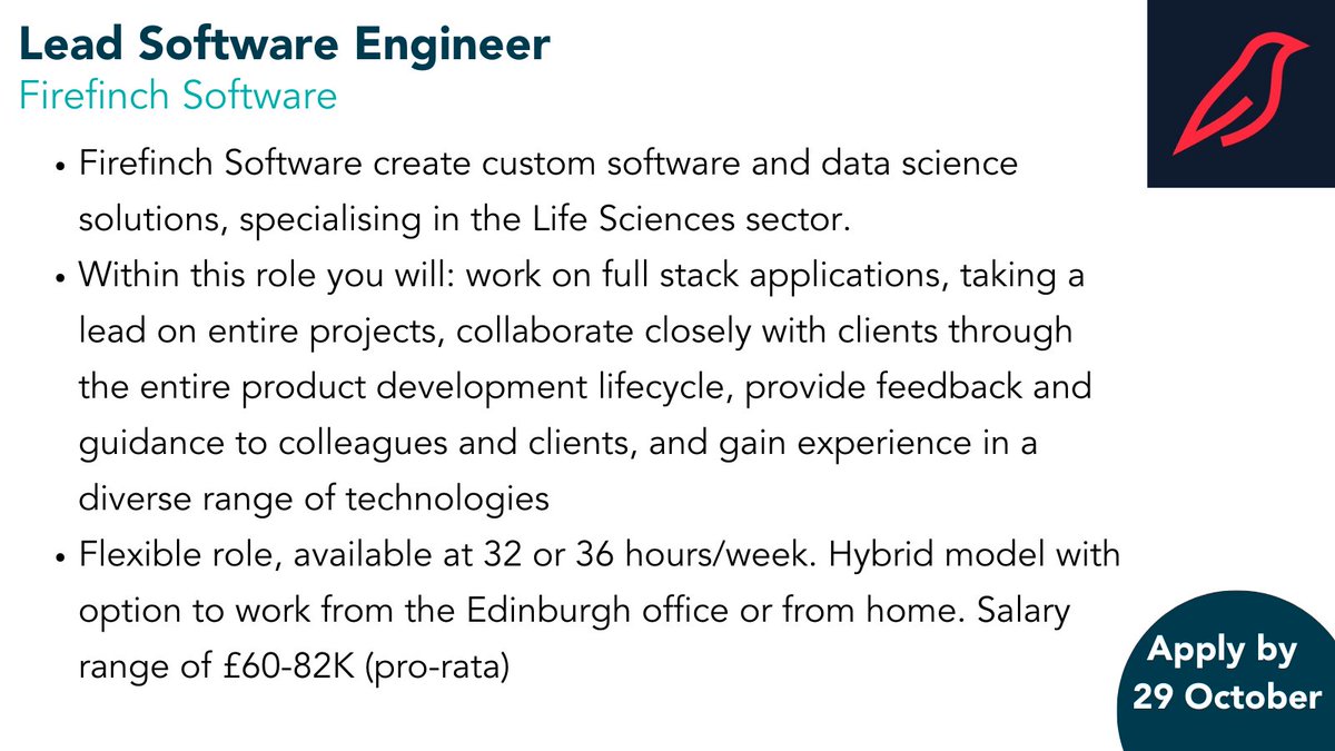 Exciting opportunity to join @firefinchsw as a Lead Software Engineer. Lead on custom software and data science solutions.

Find out more/apply here: equatecareerhub.org.uk/job/firefinch-…

#dataleadership #datascience #SoftwareEngineer #jobopportunity #datajobs #softwarejobs