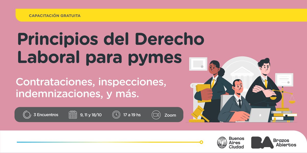 📜 ¡Llegó la capacitación virtual y gratuita Principios del derecho laboral para PyMEs! Aprovechá esta oportunidad para aprender todo sobre contrataciones, inspecciones, indemnizaciones, y más.

📆 ¿Cuándo? 9, 11 y 18/10, de 17 a 19 hs.

✍️ Anotate en bit.ly/PrincipiosPymes