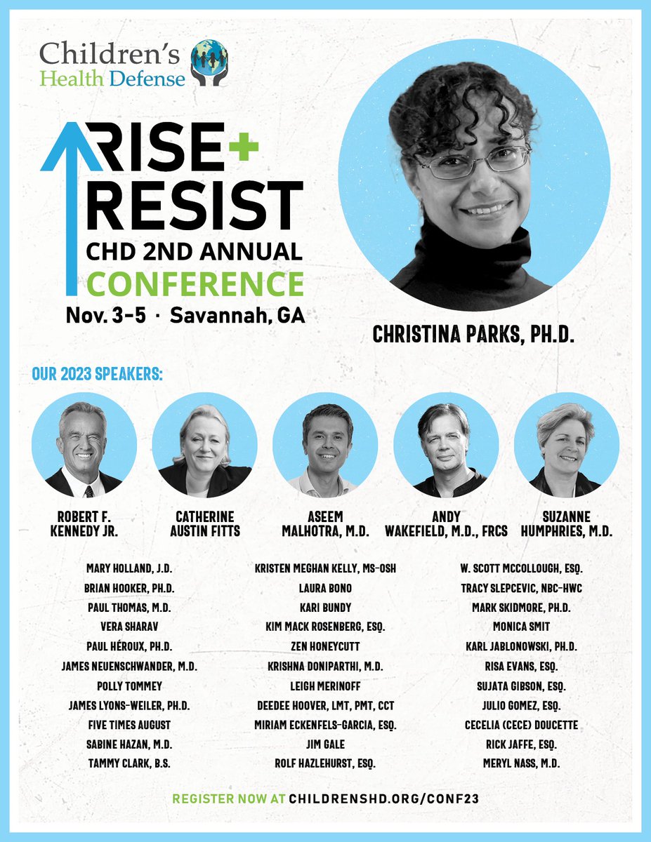 drCParks1's tweet photo. I will be speaking at the Children’s Health Defense’s Conference.
I hope to see you in Savannah GA, Nov 3-5th.#CHDConf2023 #StandWithCHD #RiseandResist
https://t.co/ckkXPfrmSu https://t.co/WnrRofWWHP
