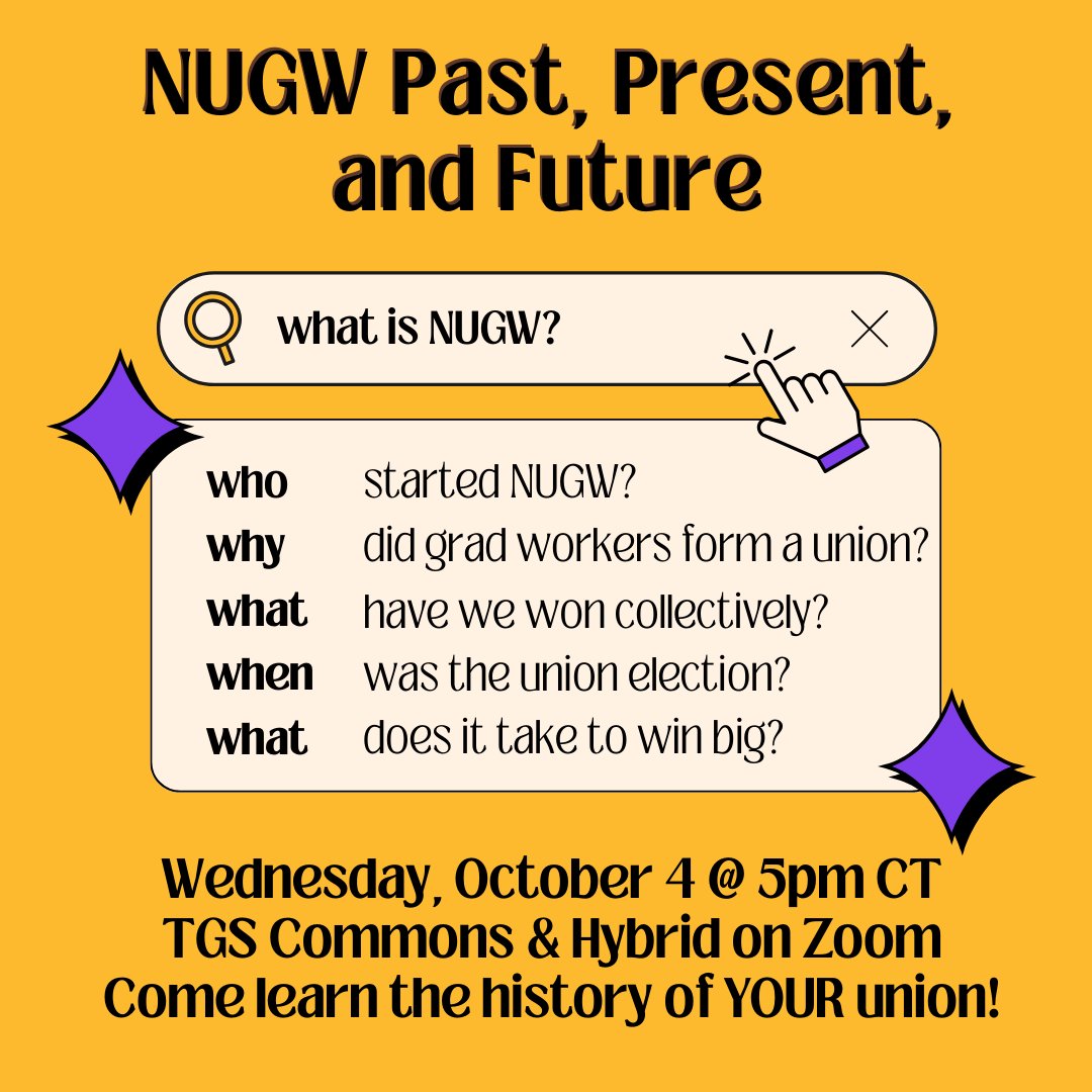☀️Morning NU Grad Workers☀️ This Wednesday, October 4th at 5pm, come learn more about the history—and future!—of Northwestern University Graduate Workers! Former co-chairs Rose &amp; Julie will be presenting along w/ current Bargaining Committee members! RSVP: bit.ly/3EMOpOs
