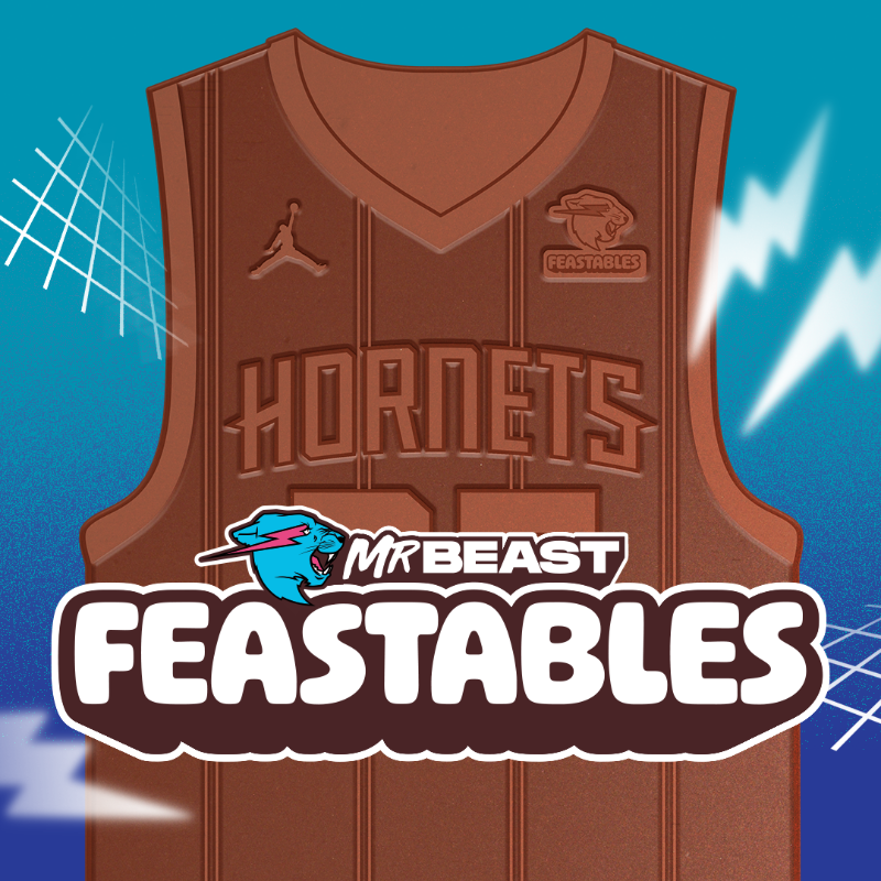 hornets's tweet photo. We gotta say… that brand new @feastables logo looks pretty sweet on our jerseys. Feastables is our official new jersey patch partner for the 2023-24 season! 🍫