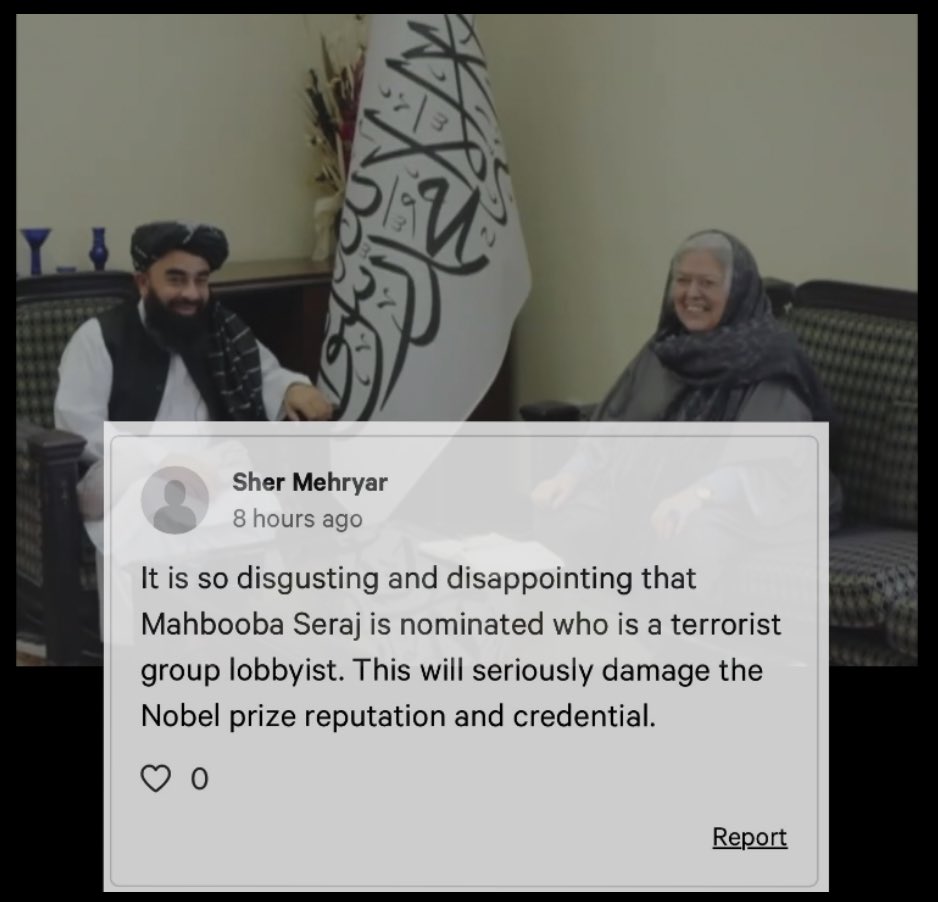 1/4 Check out what the people of #Afghanistan currently living under #Talibanterrorist oppression or have family living under their barbaric rules have to say about the #Taliban lobbyist, @SerajMahbouba 
@NobelPrize @NobelPeaceOslo @kristinclemet #DontPrizeTerrorismLobbyist