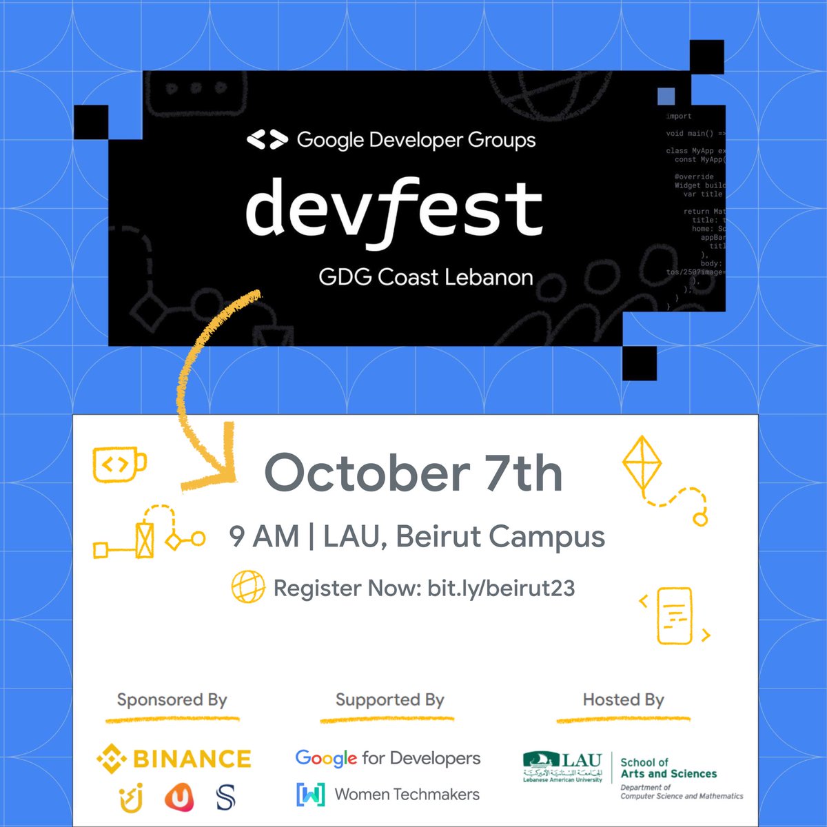 DevFest Beirut returns on October 7th! Join us for a day of talks, networking, meeting experts from local and international companies, prizes, and more! 🚀
📌 October 7th, 9:00 a.m. 
📌 <a href="/lebamericanuni/">LAU</a> Beirut Campus
Agenda &amp; Registration : bit.ly/beirut23