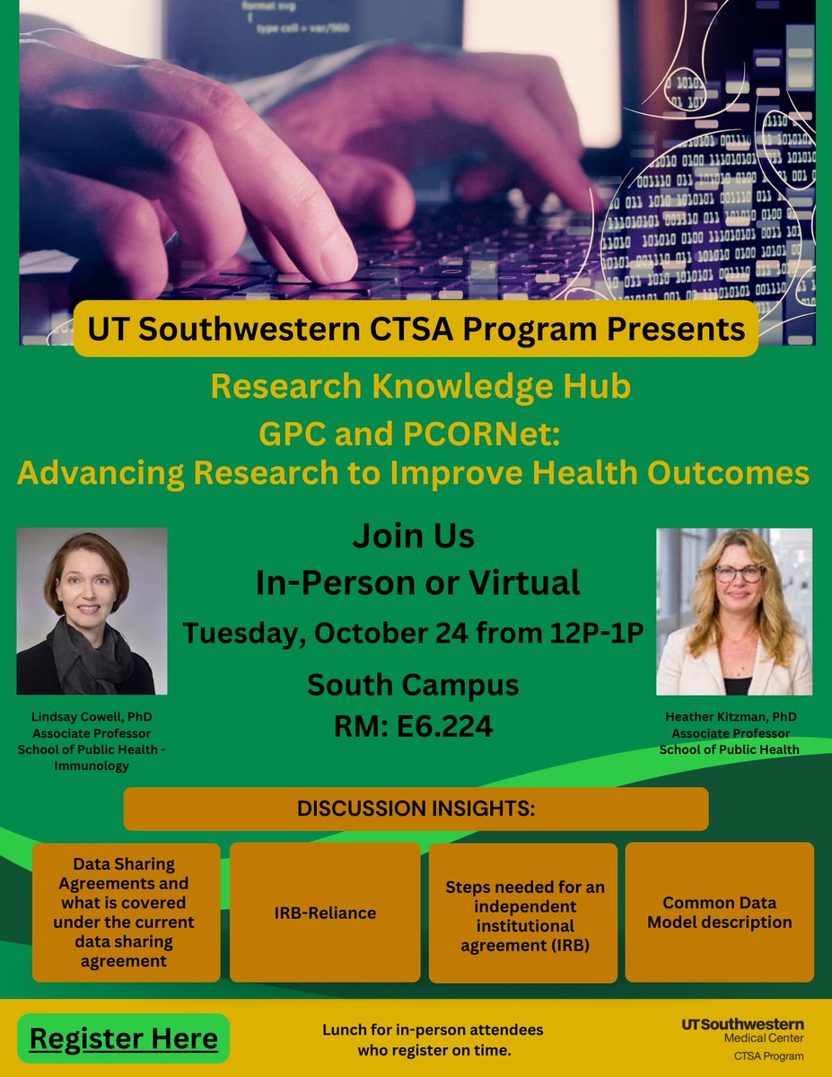 Join Us Tues October 24 at 12P CST for an exciting event - GPC and PCORNet: Advancing Research to Improve Health Outcomes with Lindsay Cowell, PhD and Heather Kitzman, PhD.

Register: forms.microsoft.com/r/7New0dYZvT