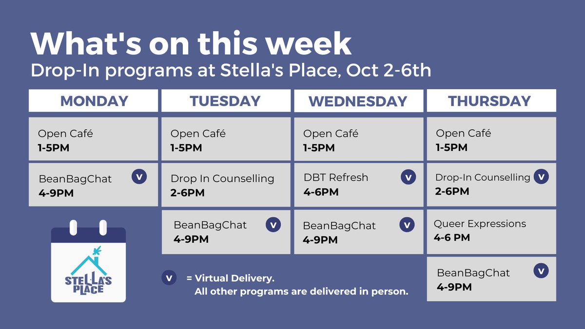 stellasplaceca's tweet photo. Check out the free, drop-in programs we have happening this week! We'll be chilling in the café, brushing up on DBT skills, offering online &amp; offline drop-in counselling, making jewelry in our Queer Expressions group and more.

Explore our programs here: https://t.co/LMSDrBx25x https://t.co/st2VYzG1fv