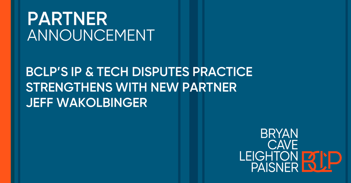 Partner Jeff Wakolbinger has joined the firm in the Chicago office. Jeff joins the global IP &amp; Tech Disputes practice. Jeff concentrates his practice on trademarks, copyrights, unfair competition, advertising and trade secrets.  bclp.legal/3rF0Adi