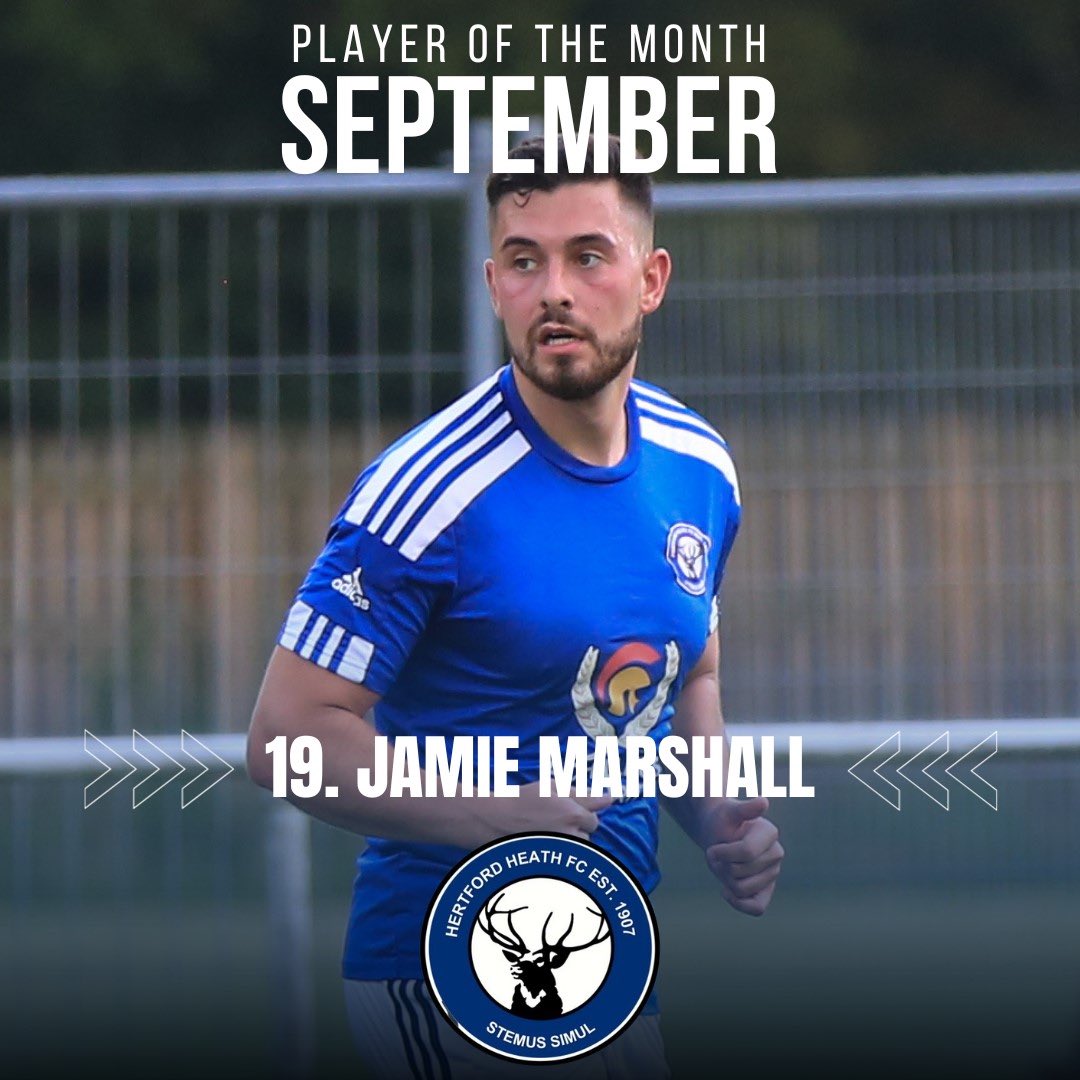 HertfordHeathFC's tweet photo. 𝗣𝗟𝗔𝗬𝗘𝗥 𝗢𝗙 𝗧𝗛𝗘 𝗠𝗢𝗡𝗧𝗛

Septembers Player Of The Month goes to No.19 Jamie Marshall, with 5 goals this month and 11 in total for the season.

#StemusSimul #UTH https://t.co/7b0lakUlCp