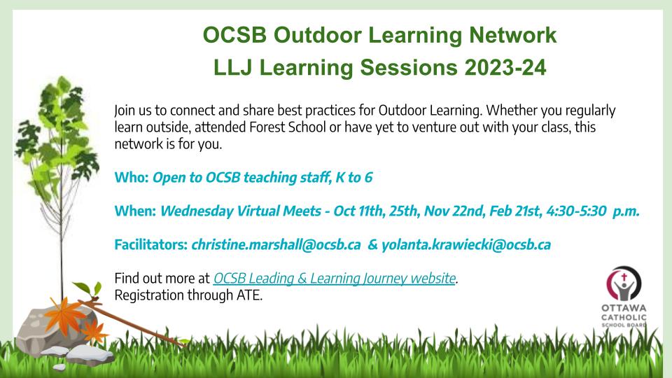 MrsMarsOCSB's tweet photo. Interested in connecting with other #oscb educators about outdoor learning? If so, join our network. First virtual meeting on Oct. 11th. Registration through ATE. @YKrawiecki @mcgarrym @OCSBelementary #ocsbOutdoors  #ocsbForest #ocsbLLJ https://t.co/uFM6Ejzu2s