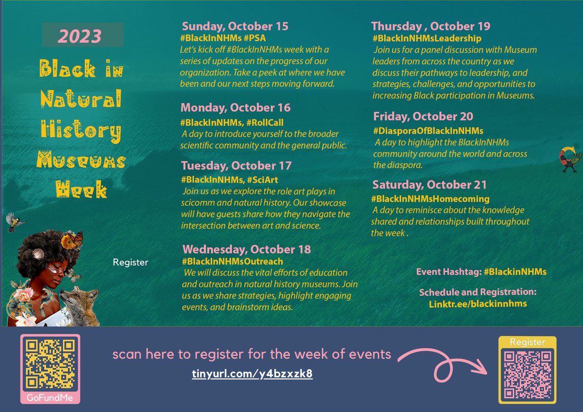 I'll be a panelist for Wednesday's (10/18) discussion on outreach during Black in Natural History Museum's week! See full schedule below. #BlackinNHMsOutreach #BlackinNHMs