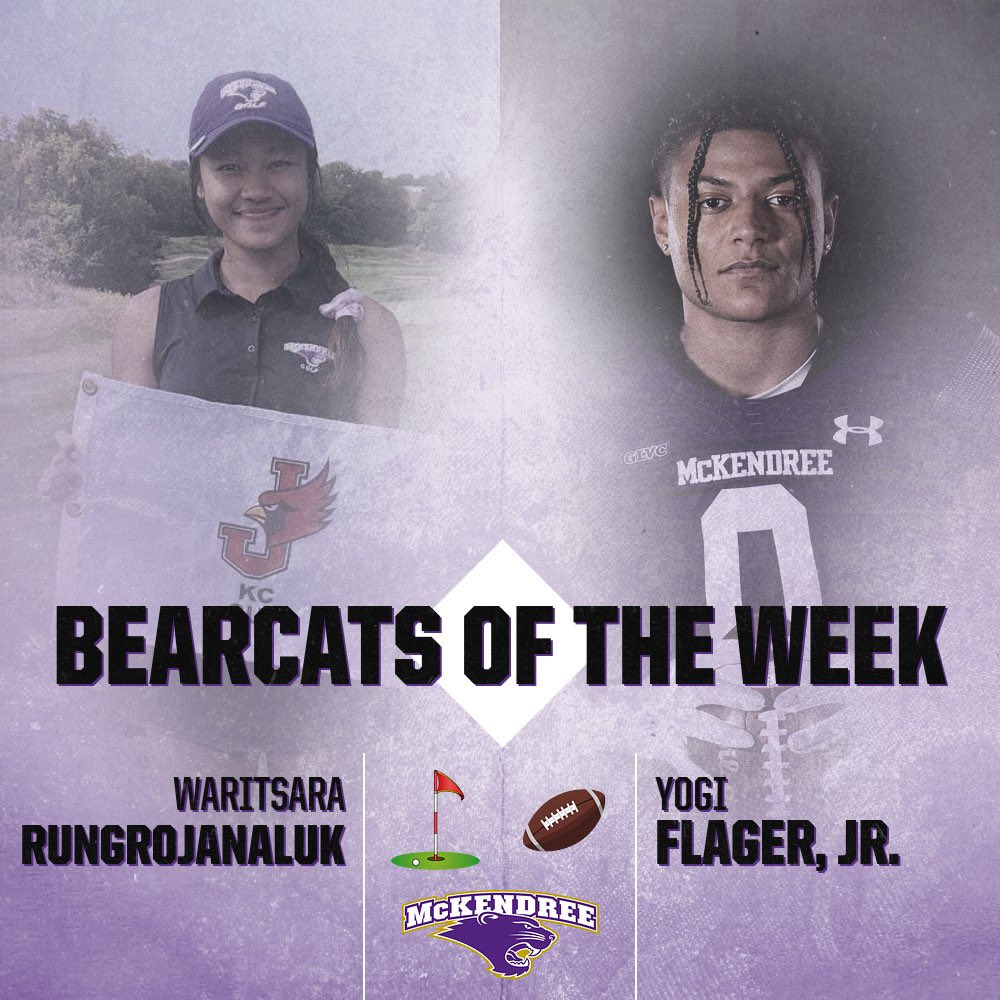 🐾🏆Congratulations to this week’s Bearcats of the Week, @McKBearcatGolf Waritsara Rungrojanaluk @Mckendree_FB Yogi Flager, JR. Rungrojanaluk was named GLVC Women’s Golfer of the Week while Flager had two touchdowns and 12 catches off of 166 yards! #BearcatsUnleashed