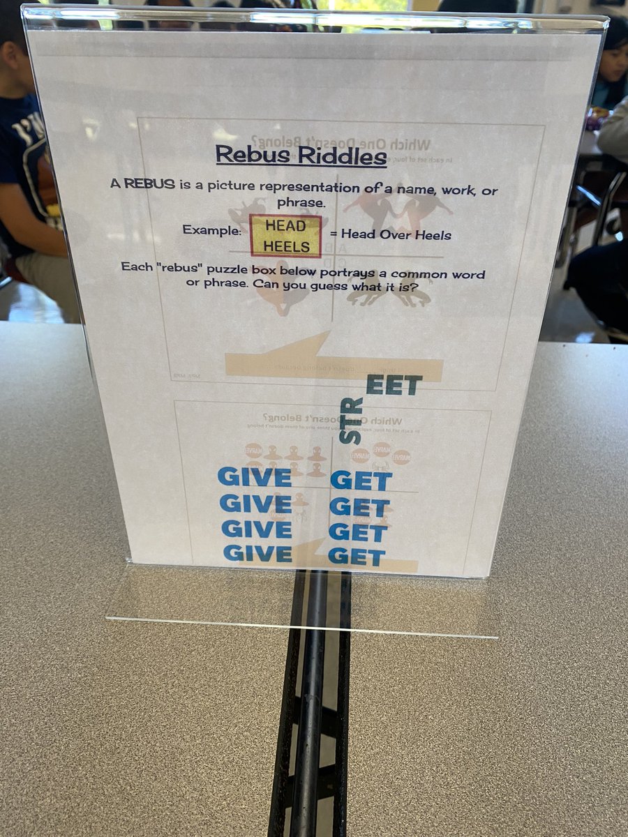 IntMrSheldon's tweet photo. Lunch is a great time for students to socialize. It’s not always easy for them to make great choices about what to talk about with one another. These  table signs have brain teasers &amp; conversation starters so students stay engaged socially in the right ways at lunch. #LifeintheW https://t.co/zCPTnstUrT