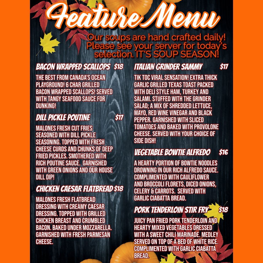 malonetyme's tweet photo. The #WhatsWhat and the weekly #FeatureMenu are here! 

Don't forget about our famous Thanksgiving Turkey Dinner on Sunday and Monday. 

Bills fans - join us Sunday for breakfast and a 9:30AM kickoff! 

#BillsBackerBar #BillsMafia #Thanksgiving #Barrie #DemandYourMalonesTyme https://t.co/K2OA3jTppD