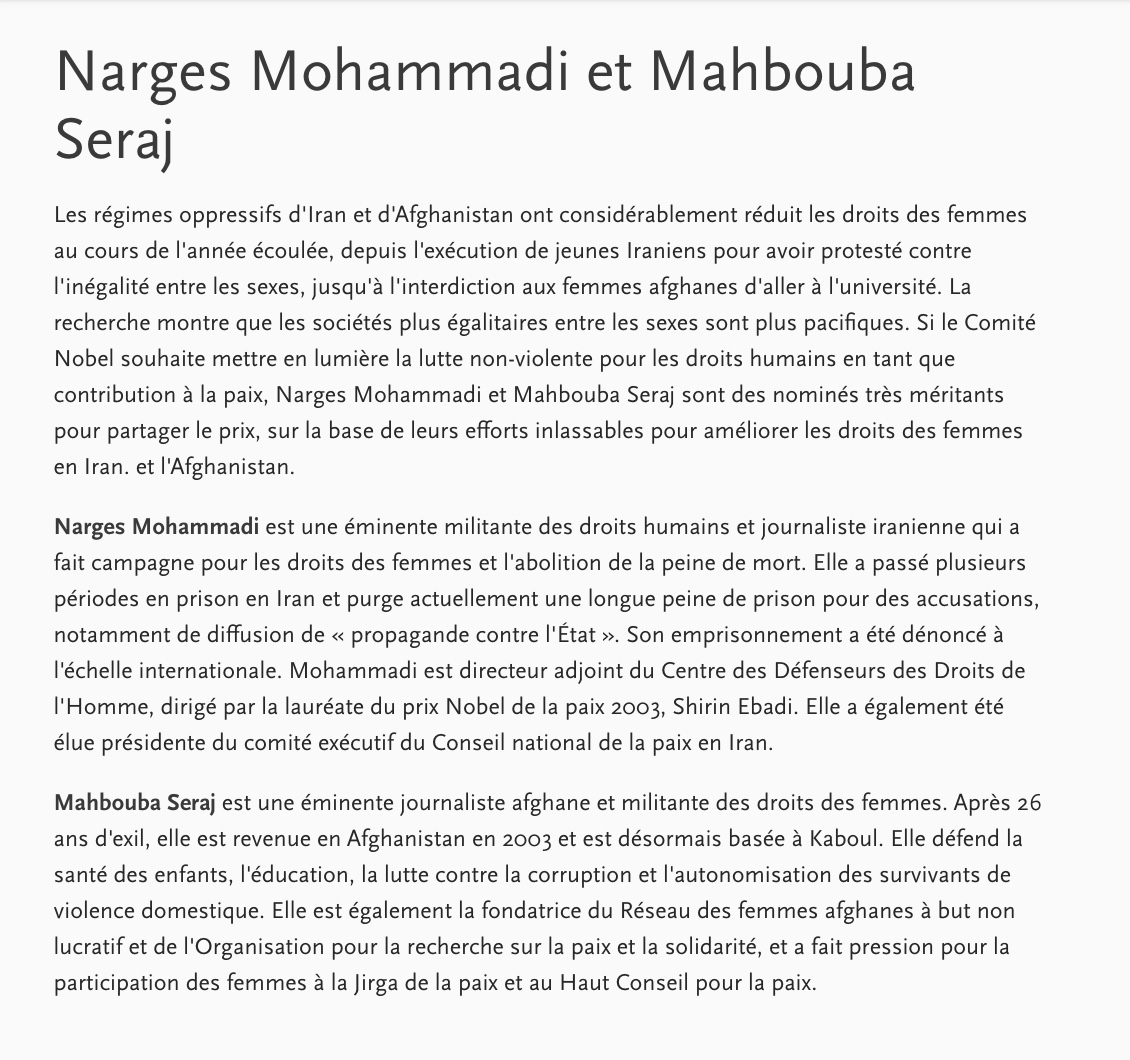 denisedetralala's tweet photo. #MahboubaSeraj, qui est la nièce du roi Amanullah Khan (celui qui a modernisé l'#Afghanistan dans les années 20 au siècle dernier), est sur la liste restreinte des nominés pour le prix Nobel de la Paix https://t.co/gLItCjNUAz