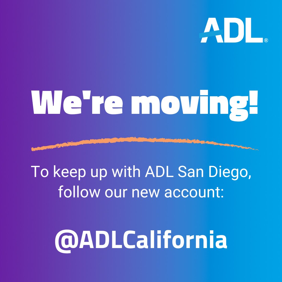 ADL San Diego (@adl_sd) on Twitter photo We’re moving accounts! Our ADL San Diego office is staying put, but we are joining our friends at ADL’s five California offices. Follow us <a href="/ADLCalifornia/">ADL California</a> to keep up with our efforts fighting hate in San Diego and Imperial Counties. We’re moving accounts! Our ADL San Diego office is staying put, but we are joining our friends at ADL’s five California offices. Follow us <a href="/ADLCalifornia/">ADL California</a> to keep up with our efforts fighting hate in San Diego and Imperial Counties.