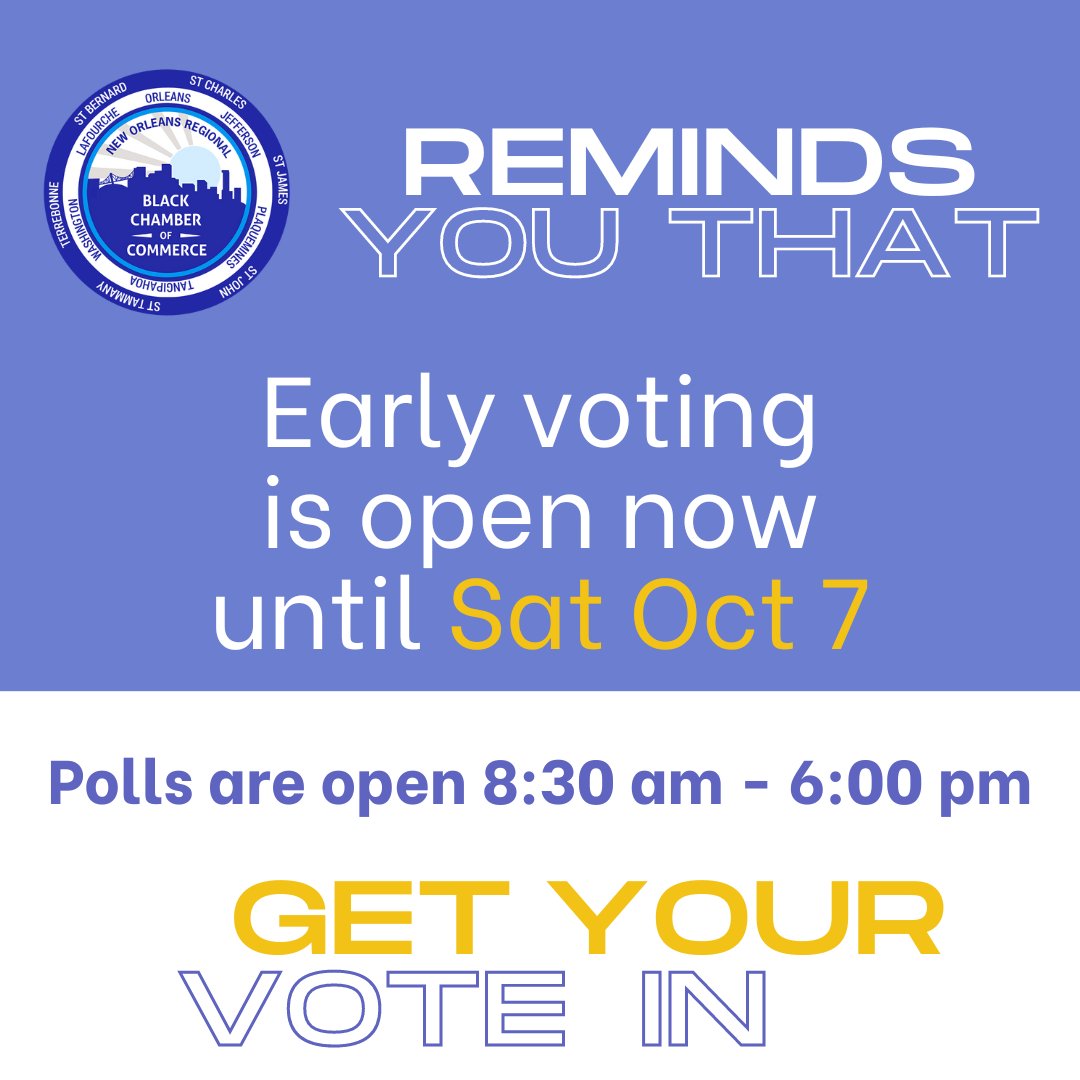 We would like to remind you that Early Voting is open now and closes on Saturday Oct 7. 

Not sure where to vote? Click the Link  - voterportal.sos.la.gov 

#voting #louisiana #votinginlouisiana #2023election #localelections #nola #neworleans #riverparishes #sttammany