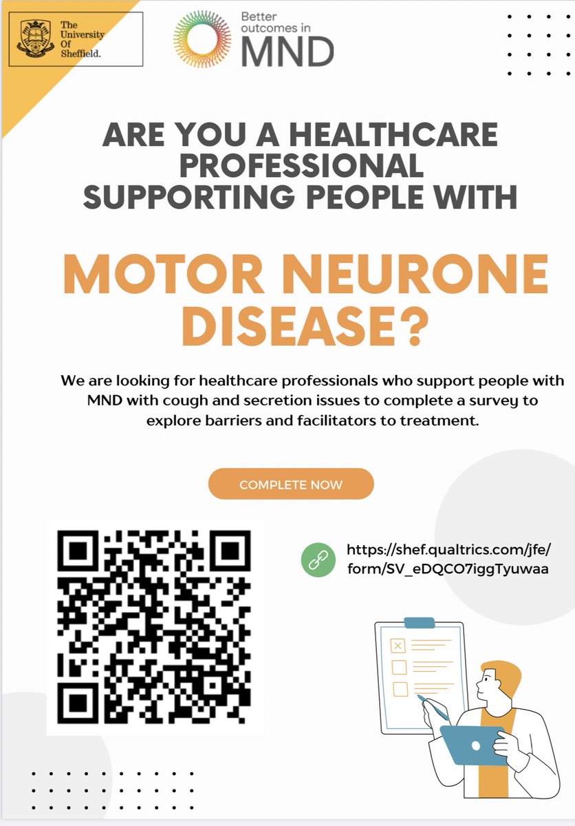 Interesting opportunity of you work with patients with MND- participate in a PhD study via a survey and/or focus groups- see posters below, plus link for survey here: shef.qualtrics.com/jfe/form/SV_eD…