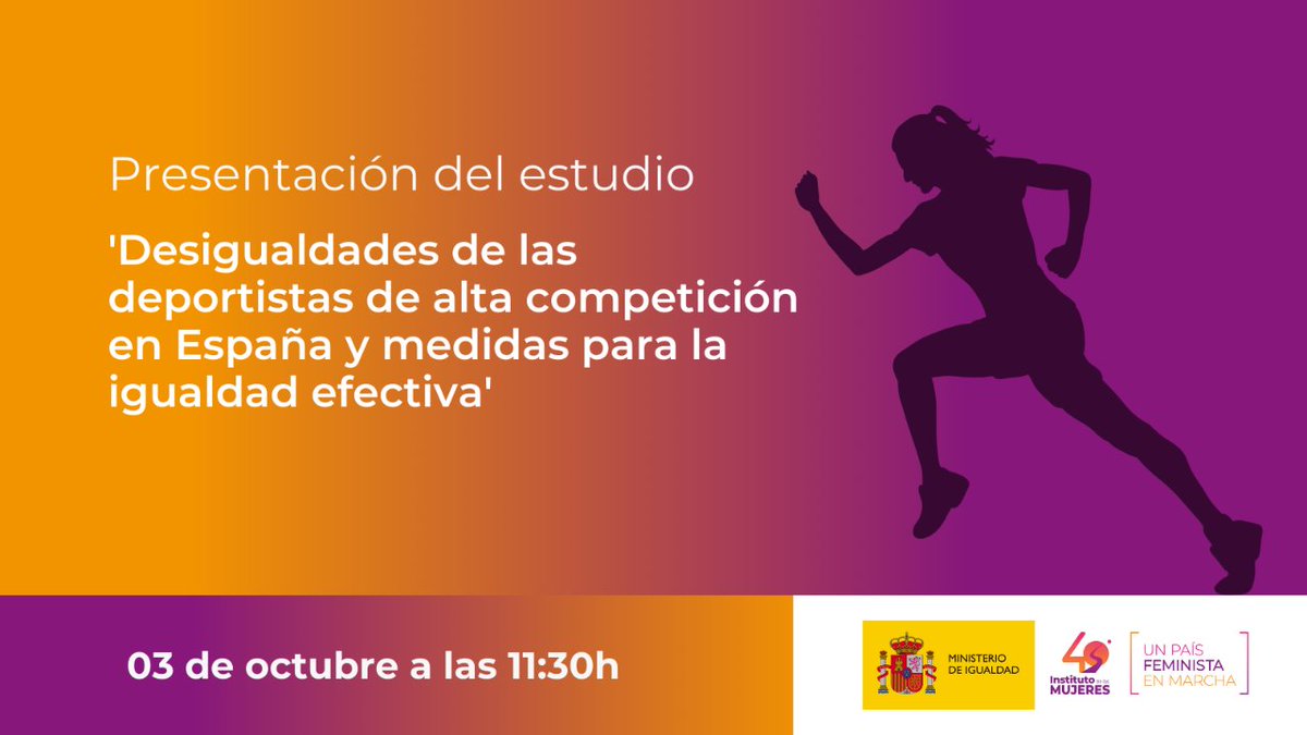 🟣 Presentamos el estudio sobre 'Desigualdades de las deportistas de alta competición en España y medidas para la igualdad efectiva'.
 
🗓️ 3 de octubre⏰ a las 11.30 h.
📹 Se podrá seguir en directo desde nuestro canal de YouTube: mtr.cool/lteagbvbsi