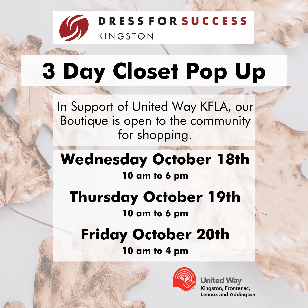 Dress for Success Kingston is giving back to help <a href="/unitedwaykfla/">United Way KFL&A</a> reach its campaign goal of $3,820,000 by hosting a Closet Pop-Up Sale for 3 days only next week!

Location - 845 Princess Street, Kingston

#YGK #locallove #SustainableFashion #YGKLove #BeyondTheSuit