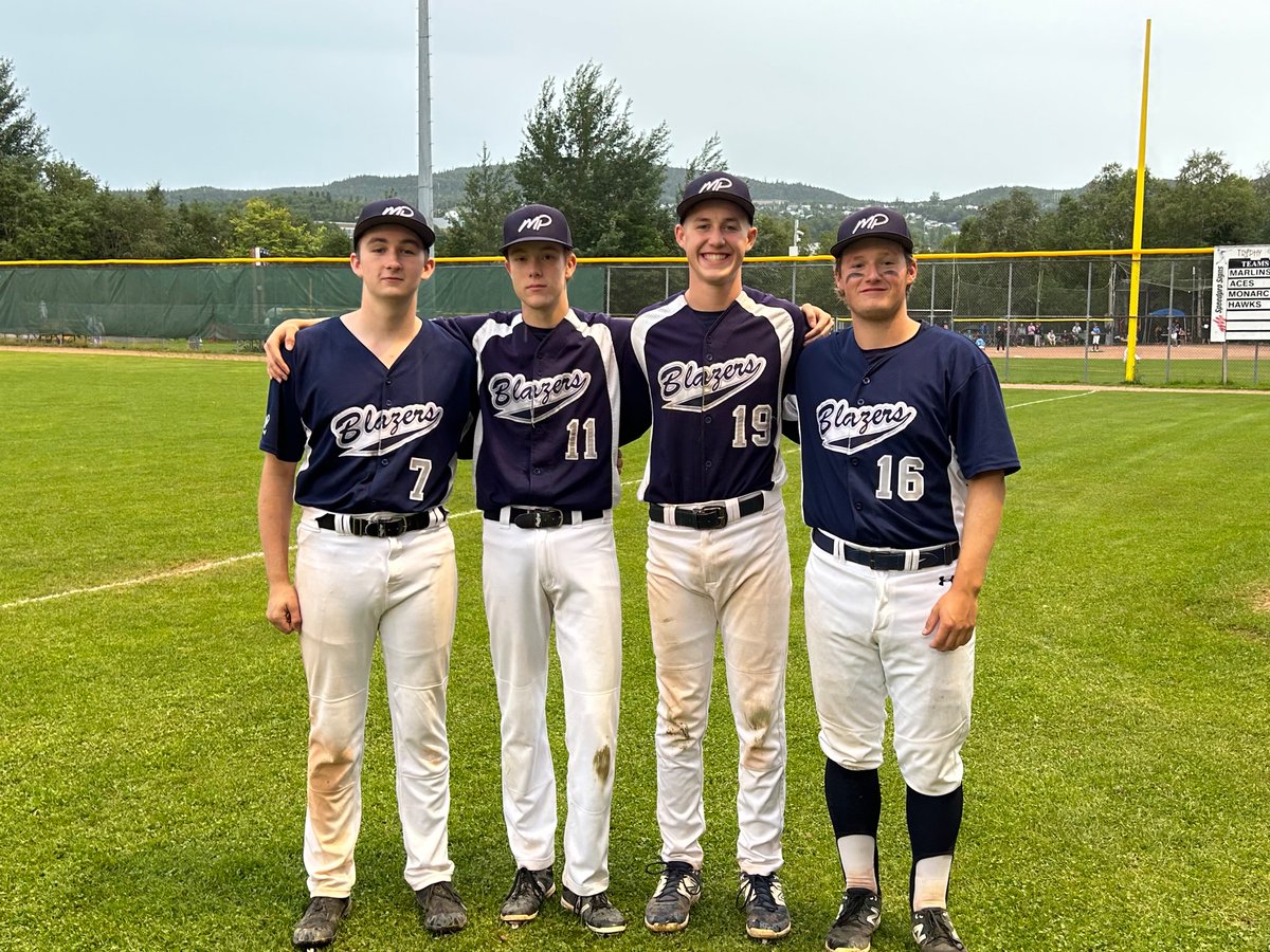 MattBramwell3's tweet photo. Mp Blazers U18 wrap up their season as league champs with a walk off extra inning win. Big shout out to our graduating players and exceptional young men who played their final game of minor baseball.
Ryan Sheeves, Colin Martin, Brayden Mole and Parker Tipple Congratulations boys https://t.co/t9ukbIELEz