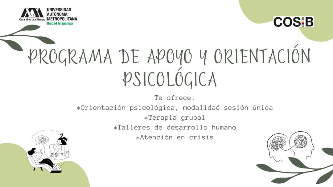 UAM_Iztapalapa's tweet photo. #Pantera 📣 Recuerda que #COSIB cuenta con #ProgramaDeApoyoPsicológicoUAM ✍🏼🧠
Prioriza tu calidad de vida, visita el Programa de Apoyo y Orientación Psicológica.
Conoce más sobre los servicios que tenemos para ti.
🟢 Orientación psicológica
🟢 Terapia grupal https://t.co/MVvBrOYZvG