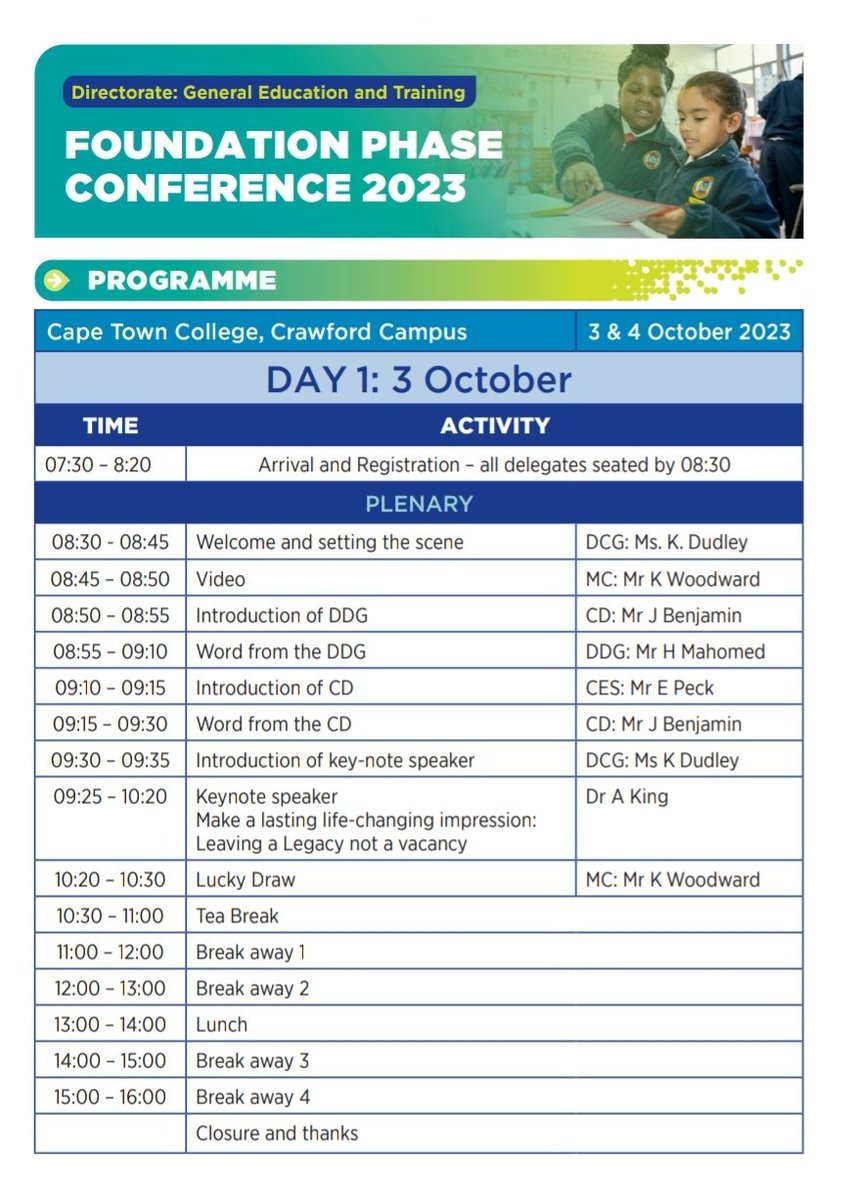 KarenR_Dudley18's tweet photo. COUNTDOWN.......
☆ WCED Foundation Phase Conference 2023
☆ 3 - 4 October 2023
☆ Cape Town College: Crawford Campus 
#OurJourneyToImpact
@WCEDnews @WCED_Districts @teachingconnect @WCED_CTLI @almaret_toit @EducationMNED @MSED_CURRICULUM @DisesWced @mced_wced @ECKEDOffice https://t.co/Aj75Xv4qQm