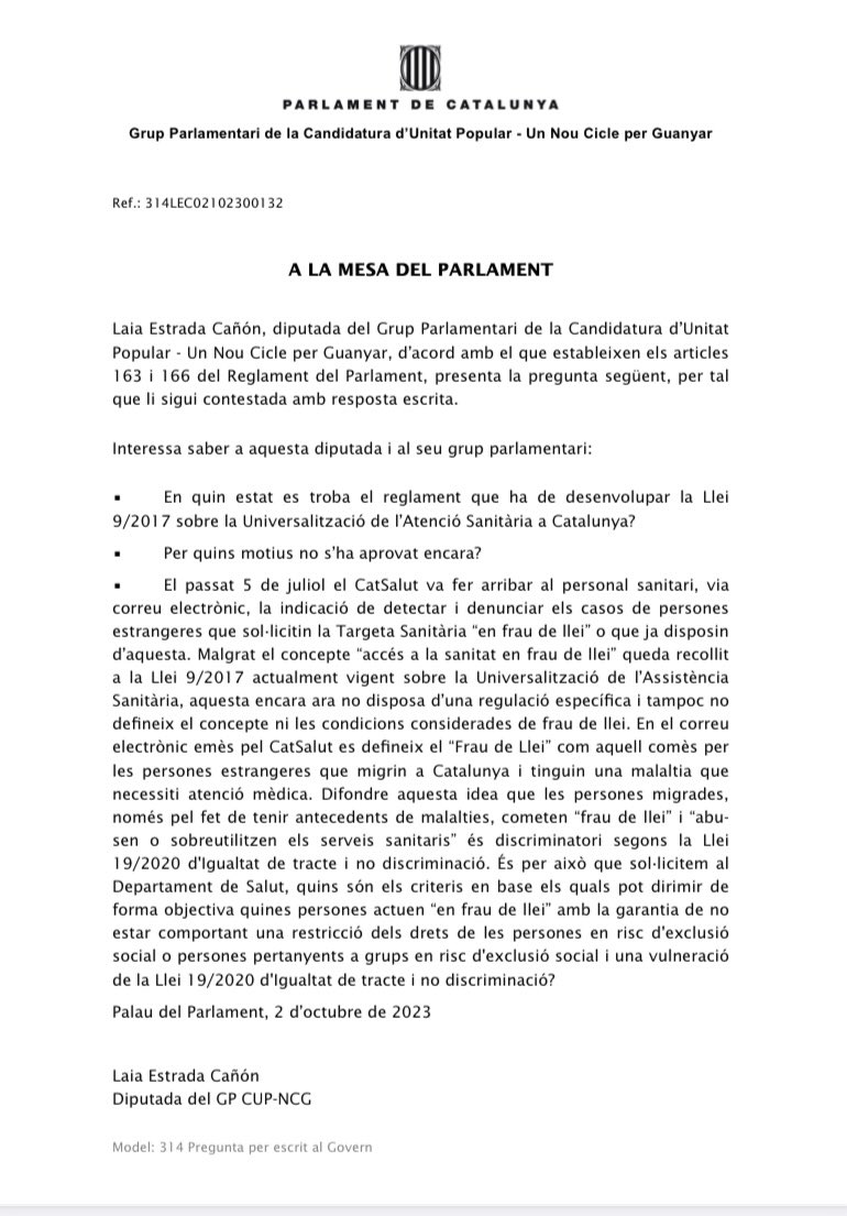 cupnacional's tweet photo. 📄 Entrem preguntes al @parlamentcat sobre les actuacions racistes de @salutcat 

Per una sanitat pública de totes 👥🩺 https://t.co/bF8udiGmjw