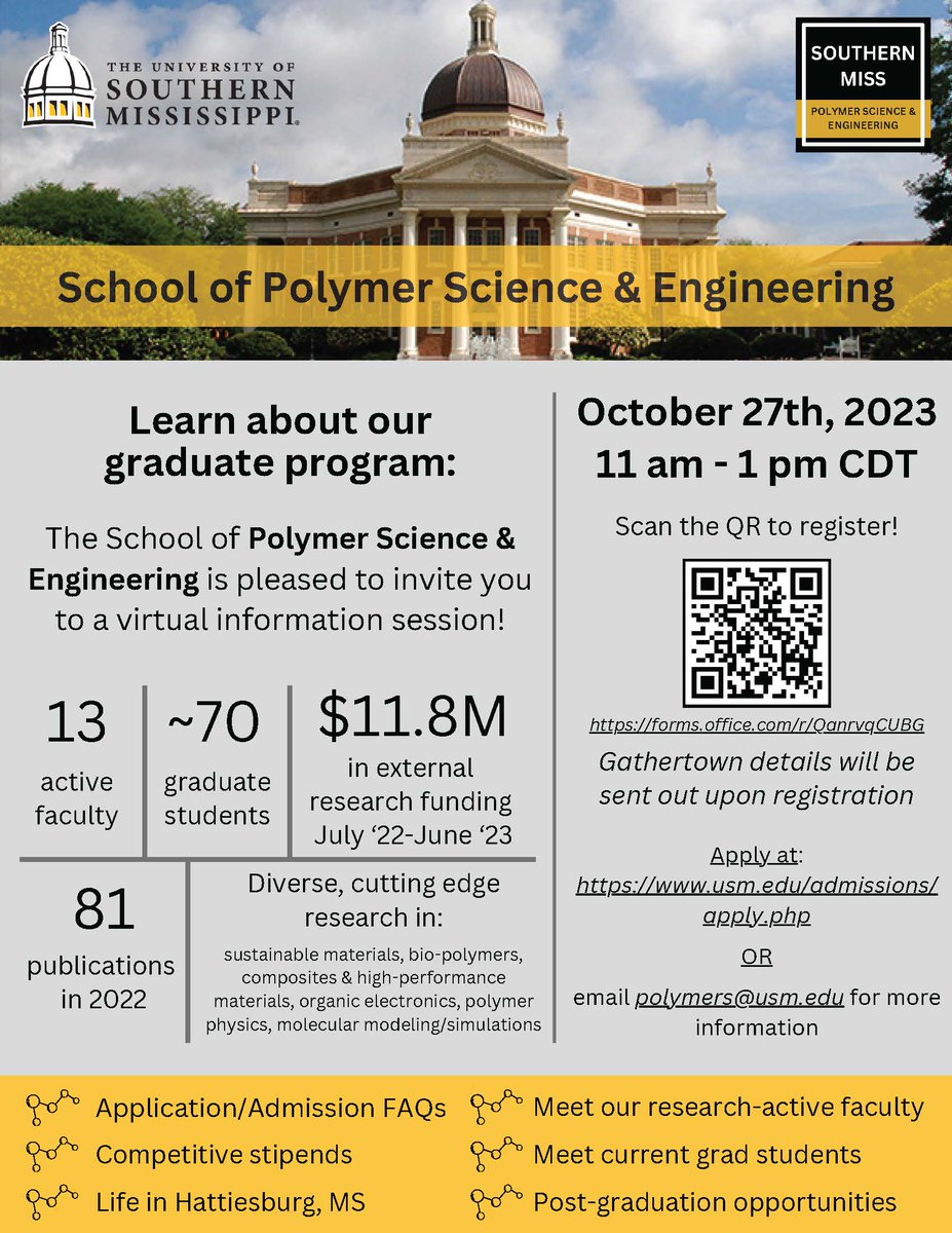 Calling all potential graduate students! Join us on Oct. 27, 2023, for a virtual information session hosted by the School of Polymer Science and Engineering. Register now at forms.office.com/r/QanrvqCUBG and take the first step towards your polymer science journey! #PolymerScience