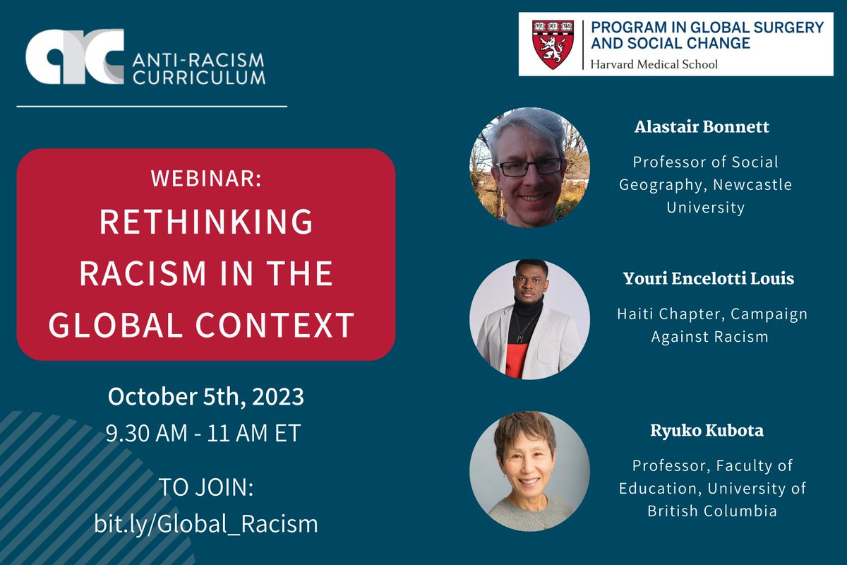 🌍 Excited to announce our upcoming webinar: 'Rethinking Racism in the Global Context.' Join experts Alastair Bonnet, Youri Encoletti Louis, and Ryuko Kubota for a transformative conversation. 📅 Oct 5th, 9.30 AM - 11 AM Don't miss out! Register now: bit.ly/Global_Racism