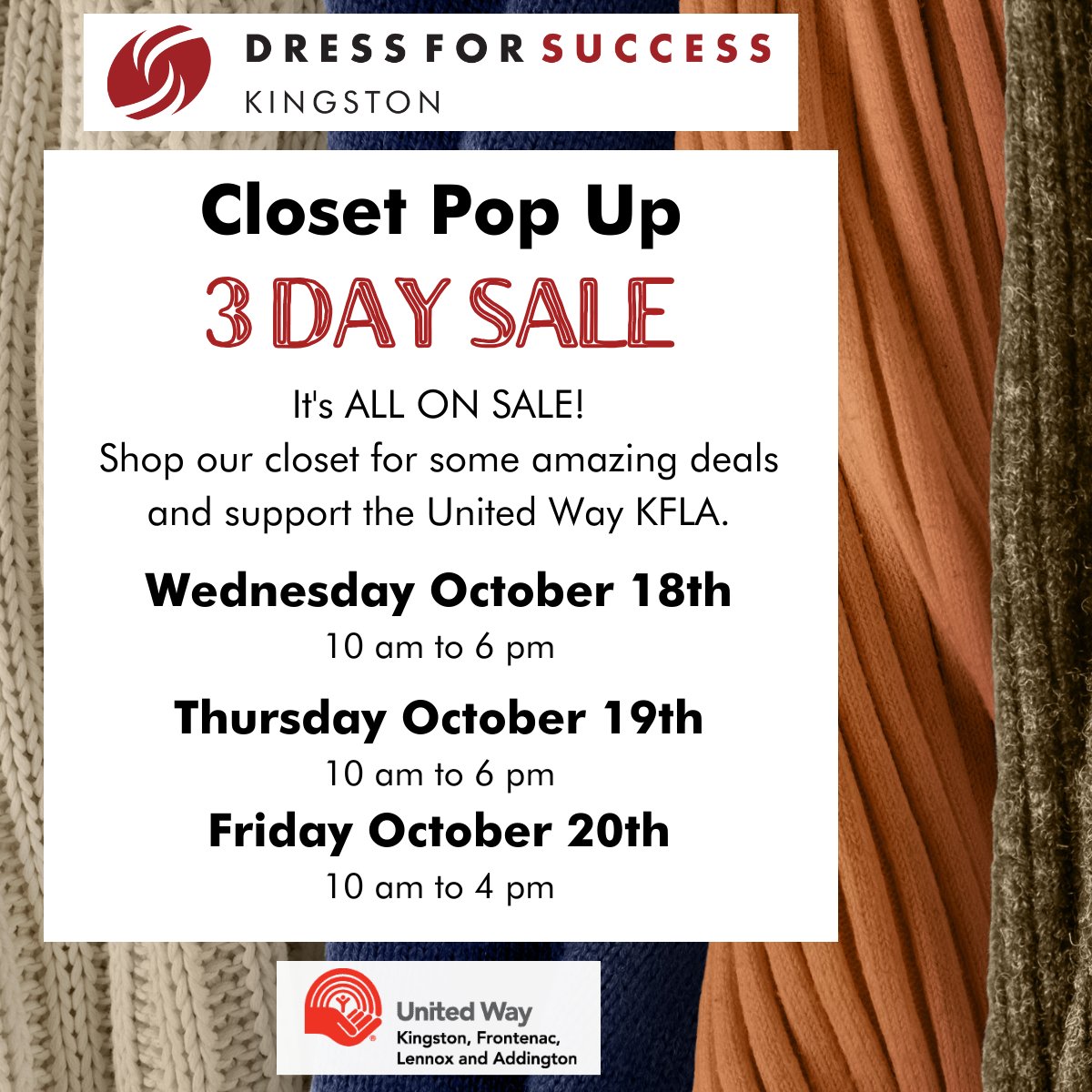 For 3 days only, starting Wednesday, October 18th at 10am, Dress for Success Kingston is hosting a Closet Pop Up sale with proceeds supporting the <a href="/unitedwaykfla/">United Way KFL&A</a> fall campaign!

Location - 845 Princess Street, Kingston

#YGK #locallove #YGKLove