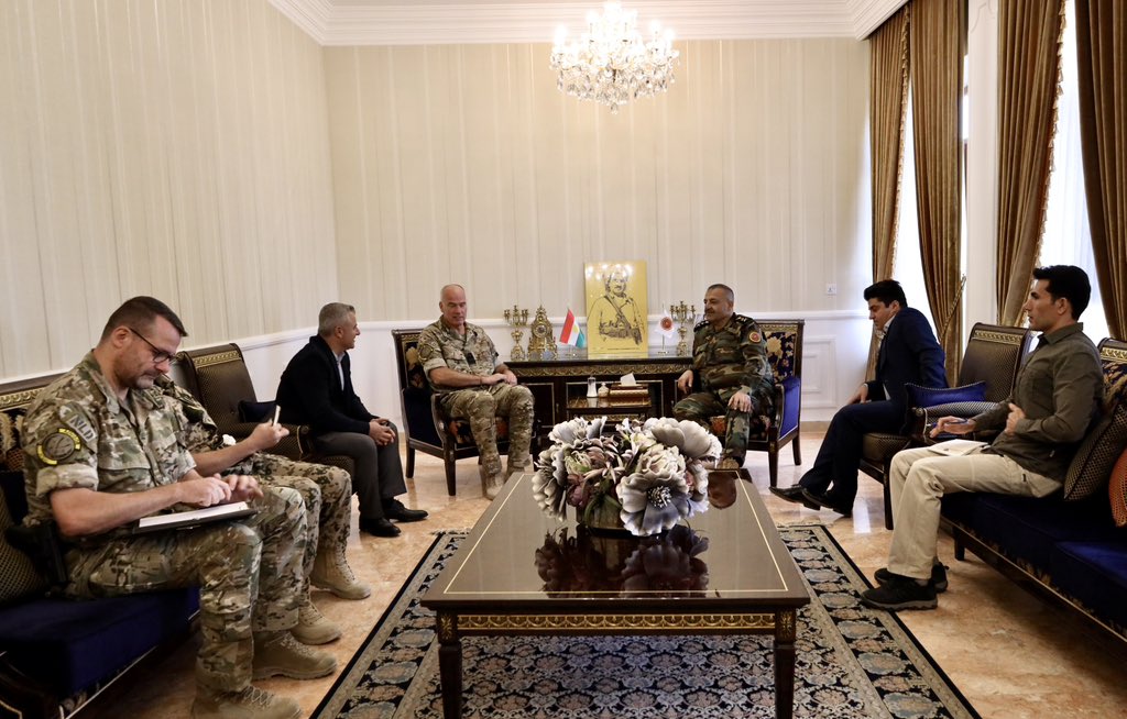 forces_command's tweet photo. #Colonel Rob De Wit, #Commander of the Coalition #Operational Advisors in #Kurdistan, and his delegation , which included other Coalition Advisors in the Kurdistan Region, were welcomed by #Lieutenant_General #Sihad_Barzani at the 1st Support Forces Command Headquarters. https://t.co/s5iDe0O7Ir