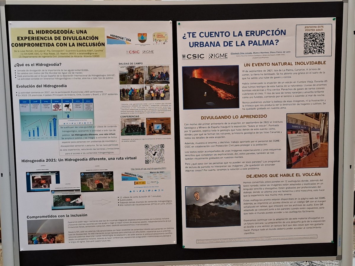 😃👌Pósters (#Hidrogeodia, #ErupcionLaPalma audiodescrita #IGME_CSIC) en el I Congreso de Ciencia Inclusiva del #CSIC. 🌋Escúchala en el código QR. 🦻