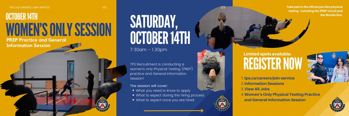 Register NOW for the October 14th, 2023 women's only physical testing (PREP) practice and information session at the Toronto Police College! Spots are limited! #femaleofficers #nowhiring