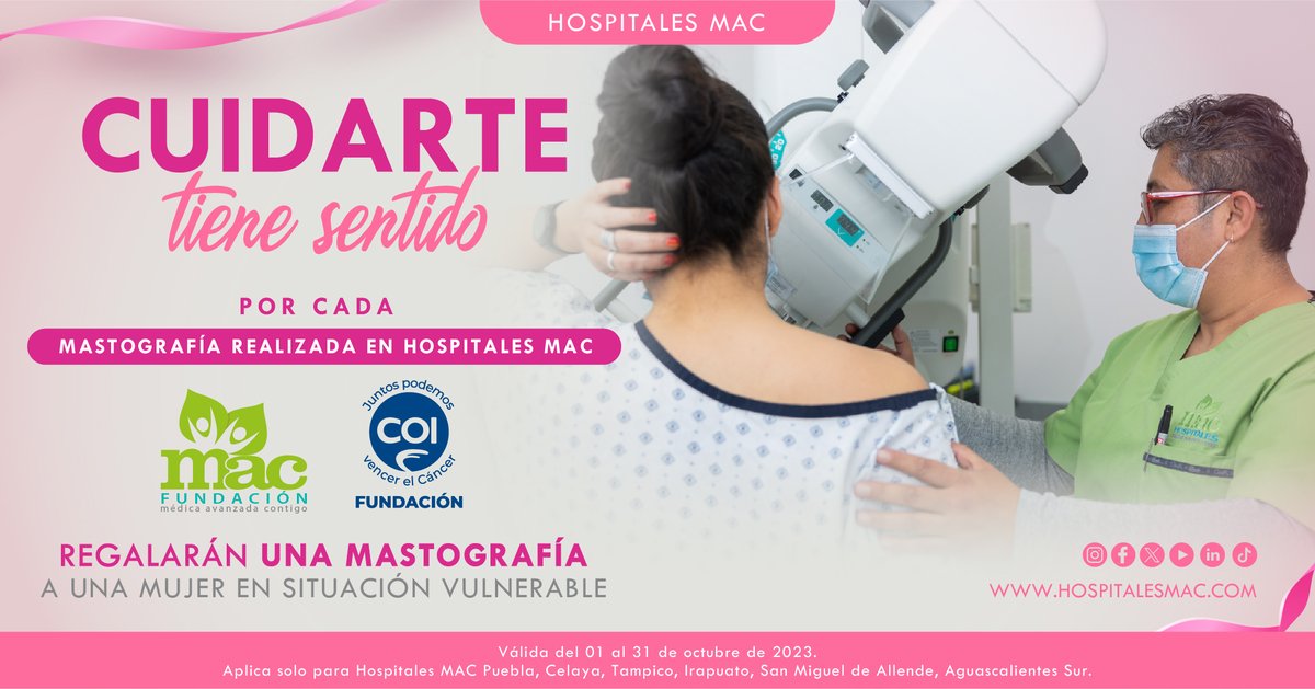 #CuidarteTieneSentido es nuestra más reciente suma de voluntades con <a href="/fundacion_coi/">FundacionCOI</a> y <a href="/hospitalesmac/">Hospitales MAC</a>, por cada #mastografia realizada en #HospitalesMAC participantes se donará una a #mujeres en situación vulnerable. Agenda hoy tu #mastografía y continuemos sumemos voluntades.