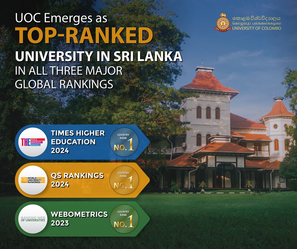 ColomboUni's tweet photo. UOC Emerges as Top-Ranked University in Sri Lanka in All Three Major Global Rankings: Times Higher Education World Rankings, QS World Rankings, and Webometrics Rankings.
For more details: https://t.co/z8W8ofqtPm
#UniversityOfColombo #SriLankaEducation #GlobalRecognition https://t.co/bZFRpM0CH2