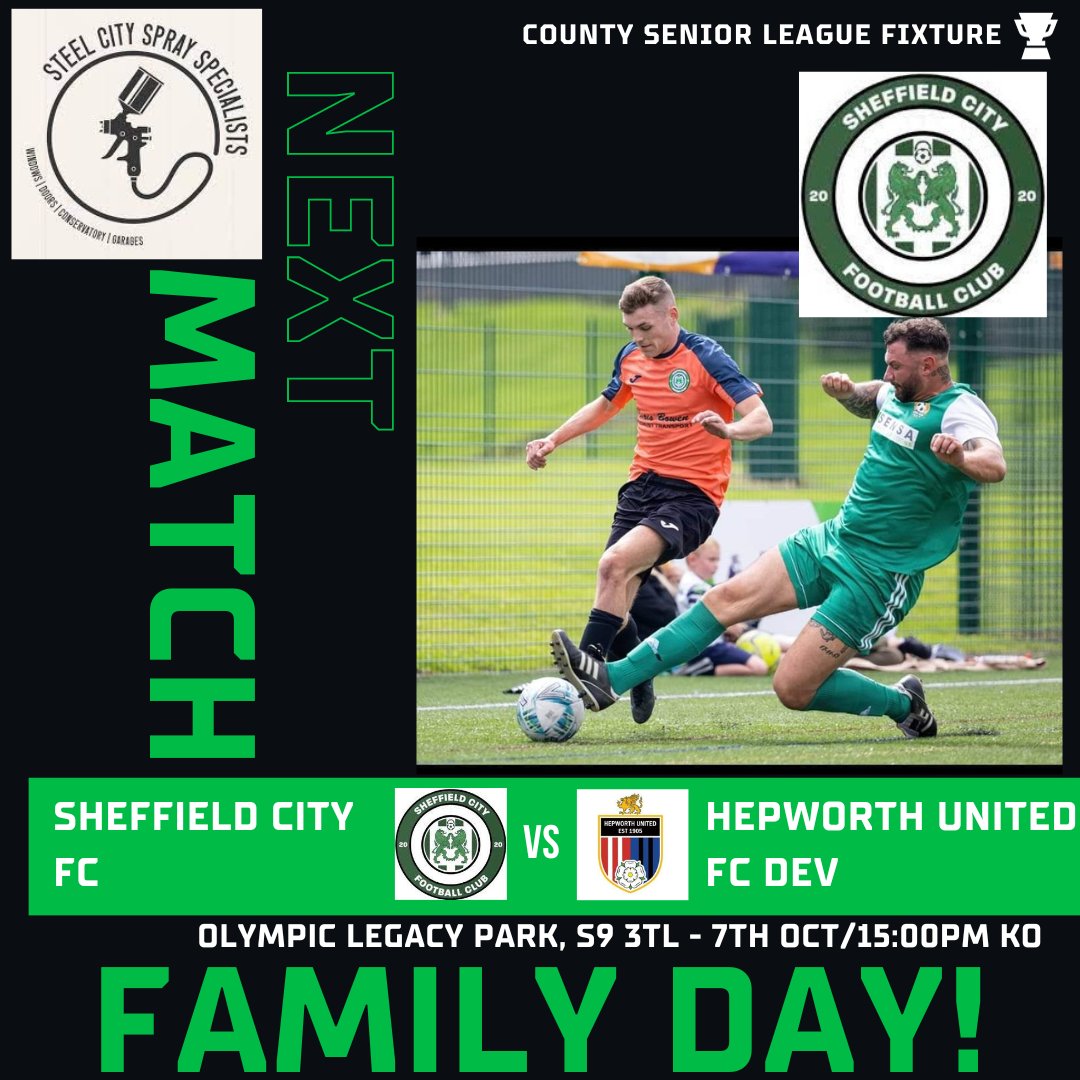 CityReservesfc's tweet photo. 🎈🎈FAMILY DAY HAS ARRIVED! 🎈🎈
This weekend at the Olympic Legacy Park is Sheffield City's Family Day where we invite everyone down to watch Sheffield City FC take on Hepworth United!
There will be a Raffle & Football Cards where prizes will be won!
#sheffcity #greenarmy https://t.co/YHKkHeRTvu