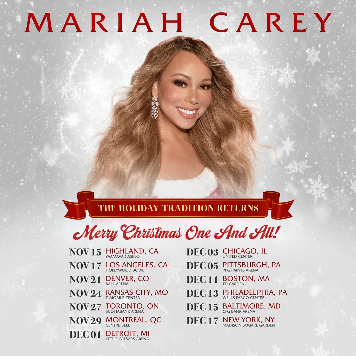 Mariah Carey is coming to Wells Fargo Center in Philly for a Christmas show on December 13th. Tickets go on sale at 10am this Friday at ticketmaster.com!!